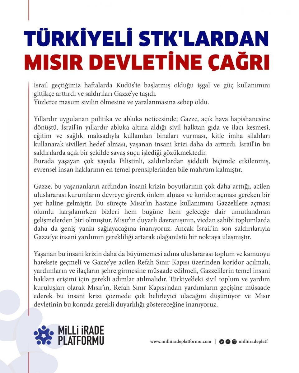 Milli İrade Platformu'ndan Mısır'a 